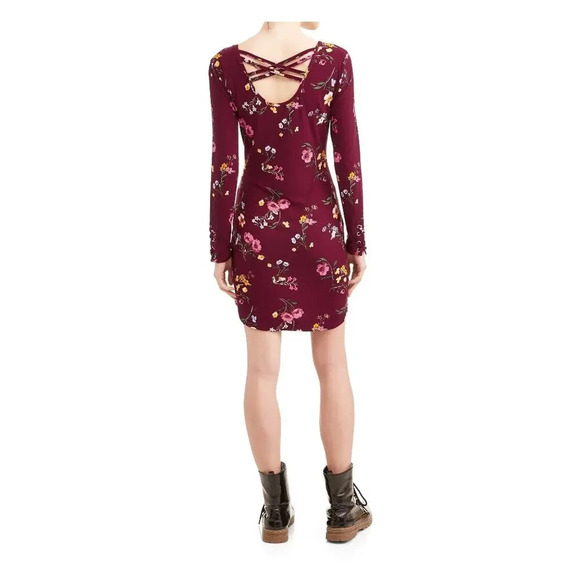 No Boundaries Juniors Burgundy Floral Long Sleeve Dress Small - Picture 6 of 8